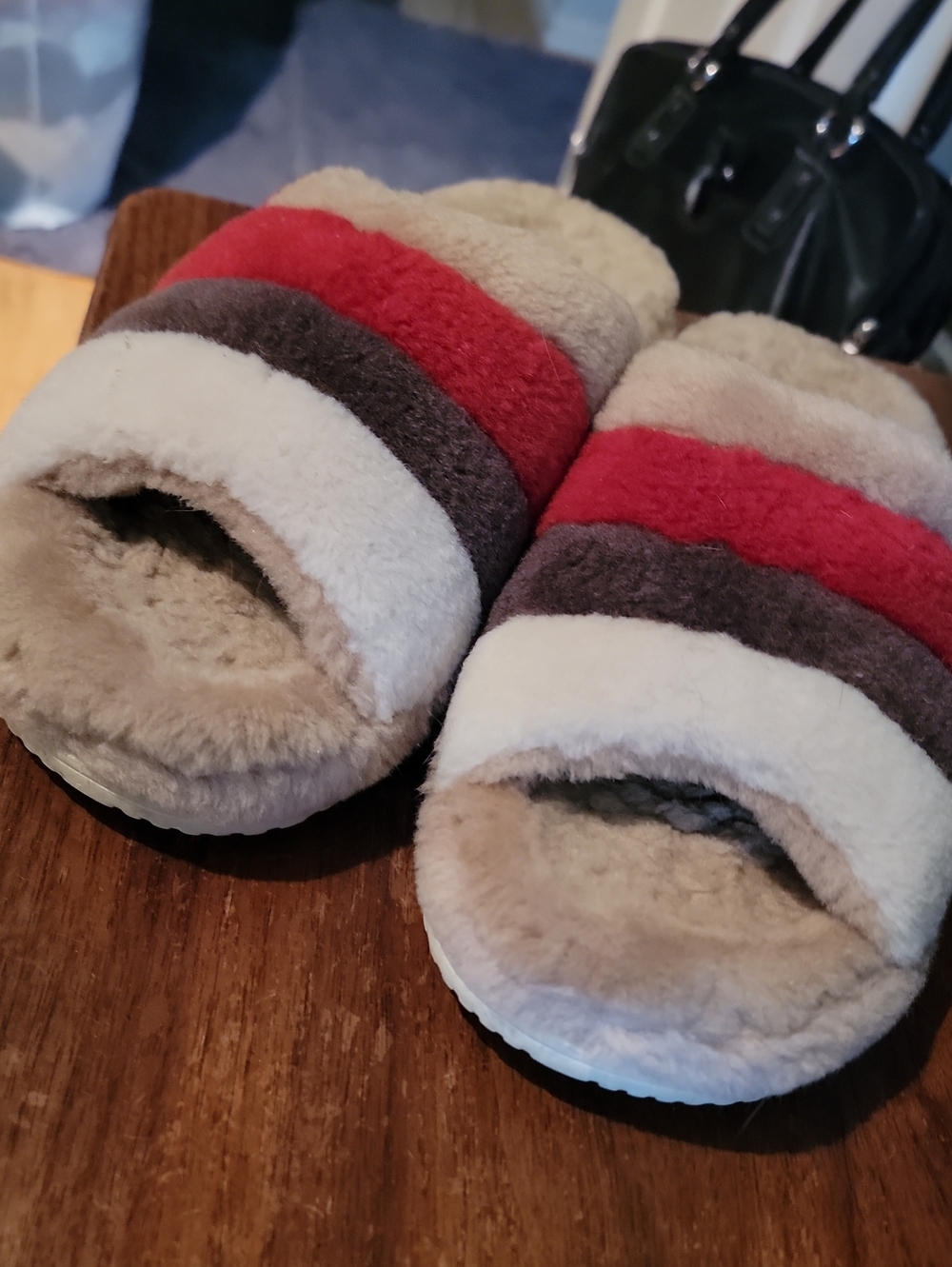 UGG Plush Slide Slippers in Beige, Red & Brown